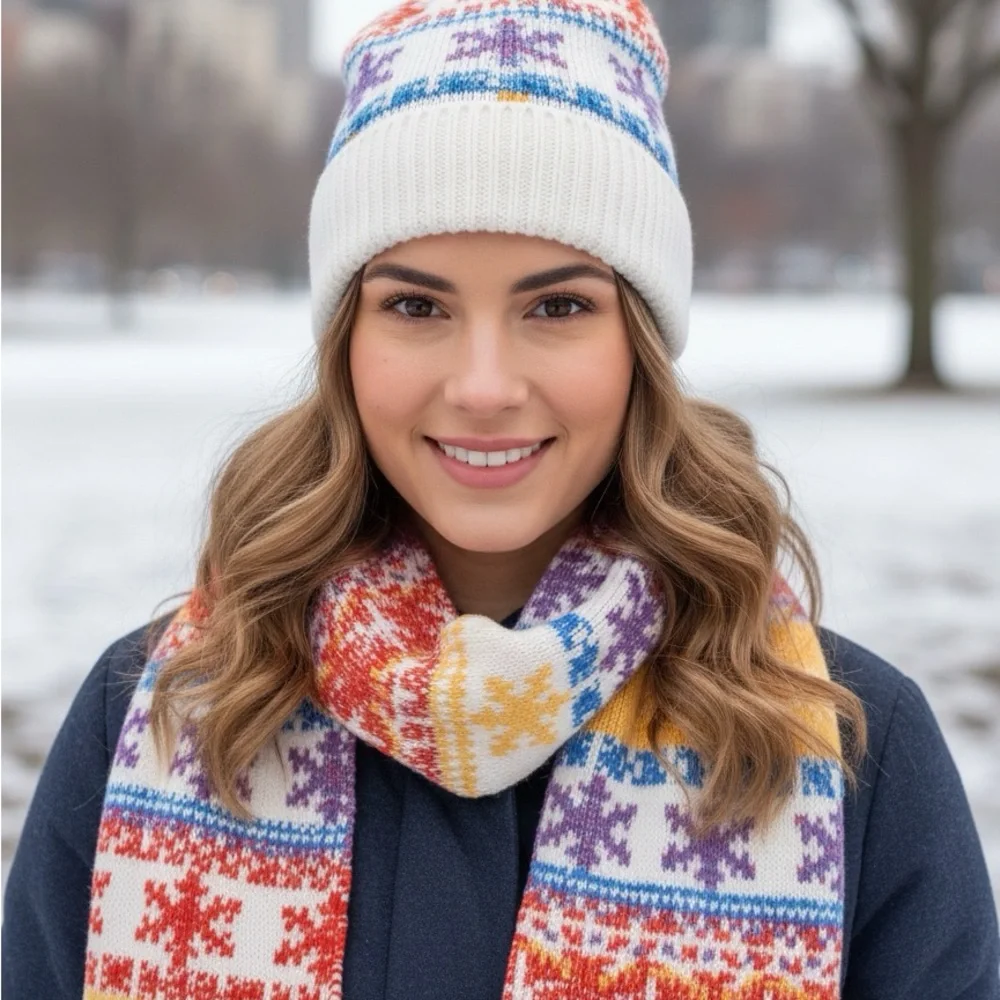 Old Navy Fair Isle  Colorful Knit Scarf and Hat Set